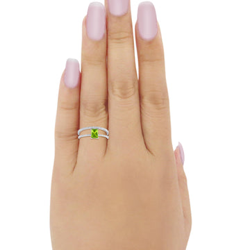 Art Deco Two Piece Wedding Ring Radiant Simulated Peridot CZ 925 Sterling Silver